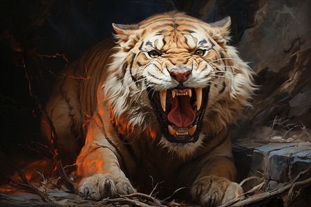 老虎张嘴张着嘴巴的狮子插画