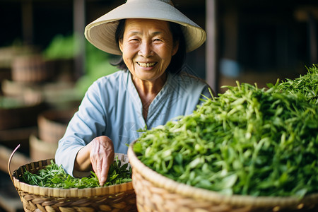 拿着篮子采茶的农民图片