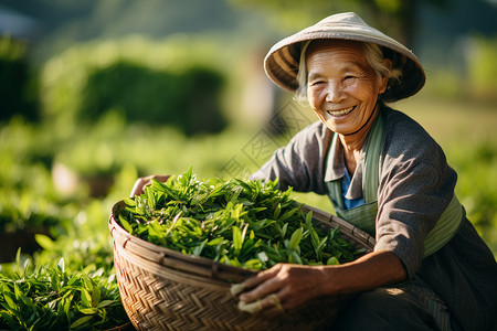 拿着竹筐采茶的农民高清图片