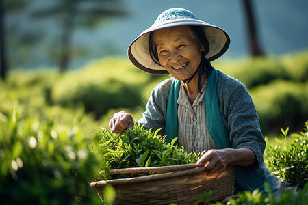 农村开心采茶的茶农高清图片