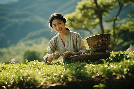 采摘新鲜茶叶的女人图片