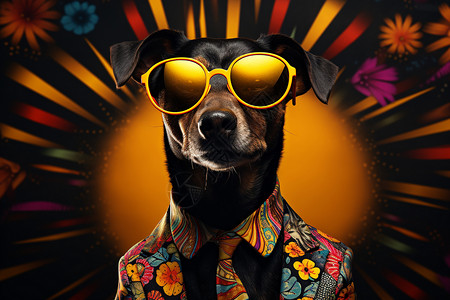 黑色小狗狗戴着墨镜的小狗狗插画