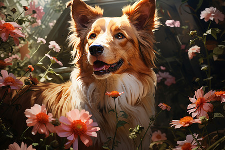 花朵中的宠物小狗图片