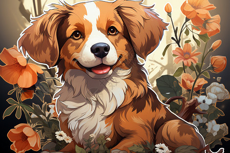 花枝上的狗狗油画背景图片