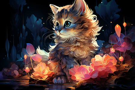花海中的油画小猫背景图片
