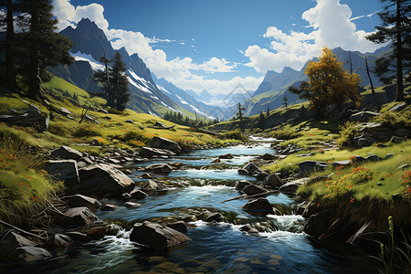 山涧溪流山涧的美丽景色插画