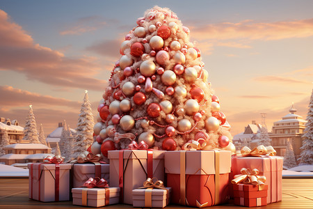 浪漫的圣诞树和礼物背景图片