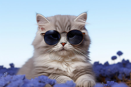 酷猫戴墨镜猫戴着墨镜在花田中背景