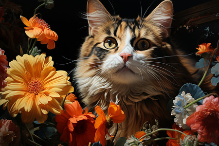 猫咪在美丽的花丛中背景图片