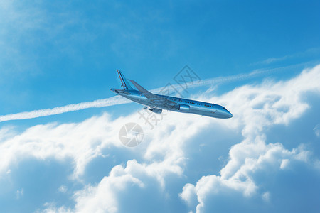 蓝天白云中的一架飞机图片