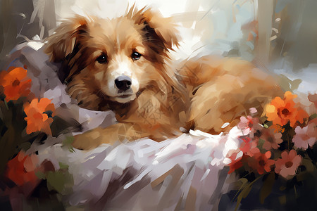 毯子上的小狗油画背景图片