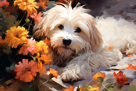 白色小狗狗花朵旁的小狗狗插画