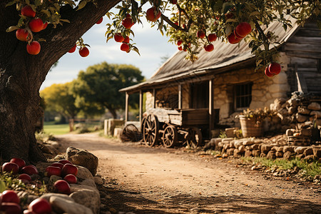 苹果小屋结满苹果的果树背景