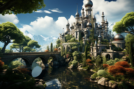 仙境中的城堡与桥梁背景图片