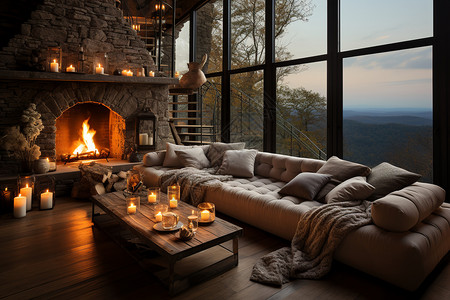 温馨火炉边一窗远山美景高清图片