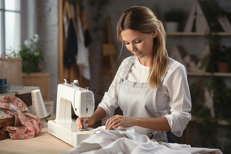 女人用机器缝制纺织品图片