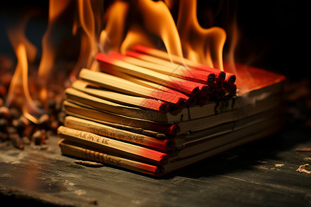 易燃的木头木制火柴书高清图片