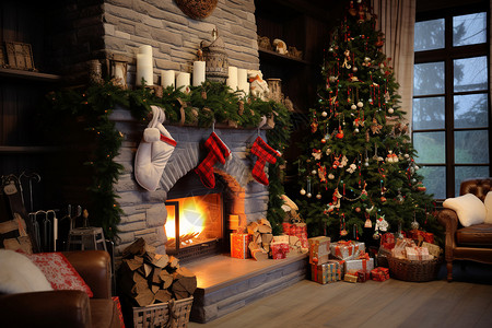 壁炉旁的礼物和圣诞树背景图片