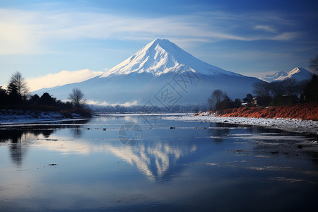 日本富士山冬日雪景背景图片