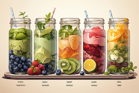 果汁杯玻璃瓶的果蔬插画