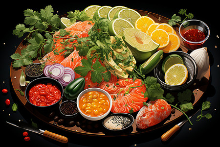 沙拉肉丰盛的鱼菜盘插画