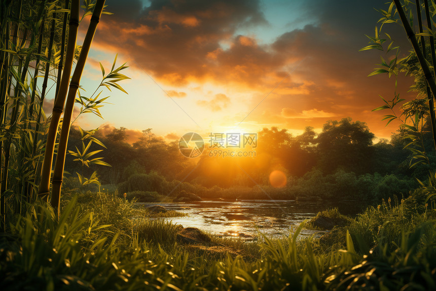 日落时的竹林风景图片