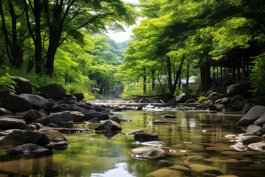 森林中流淌的溪流图片