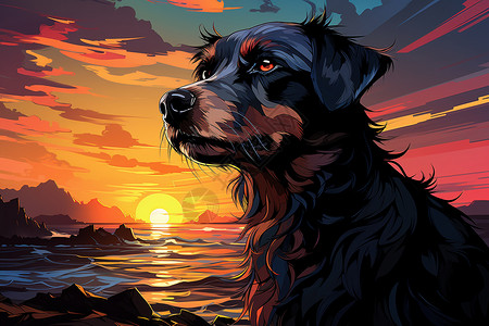 日落时海边的小狗图片
