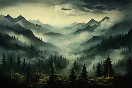 山脉中的迷雾和树木图片