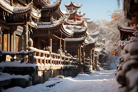 雪景中传统的房屋建筑背景图片