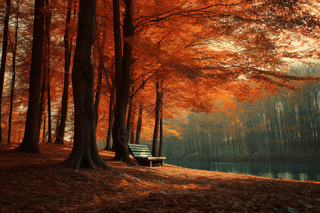 秋日森林湖畔图片