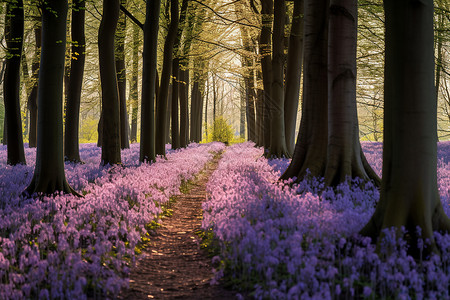 森林紫花中的小径背景图片