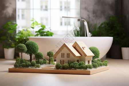 浴缸旁的盆栽和房屋模型图片