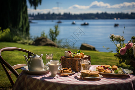 湖畔野餐桌子糕点船高清图片