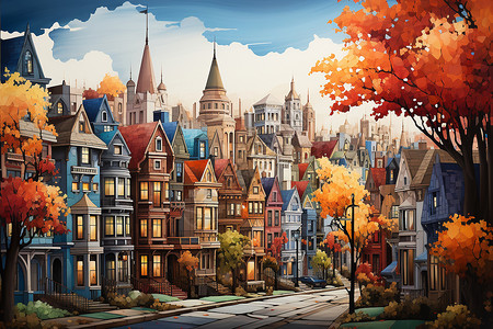 秋日彩绘城市背景图片