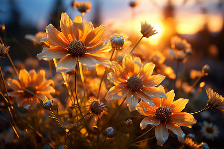 夕阳下的金黄花朵背景图片
