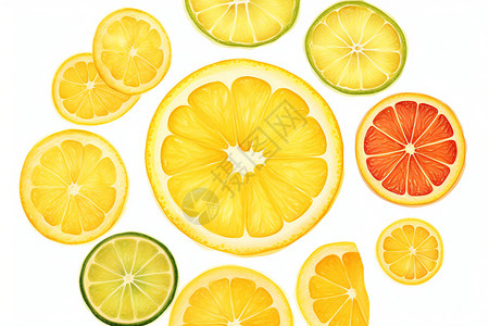 切开柠檬水果柠檬水果切开排列成圆环插画