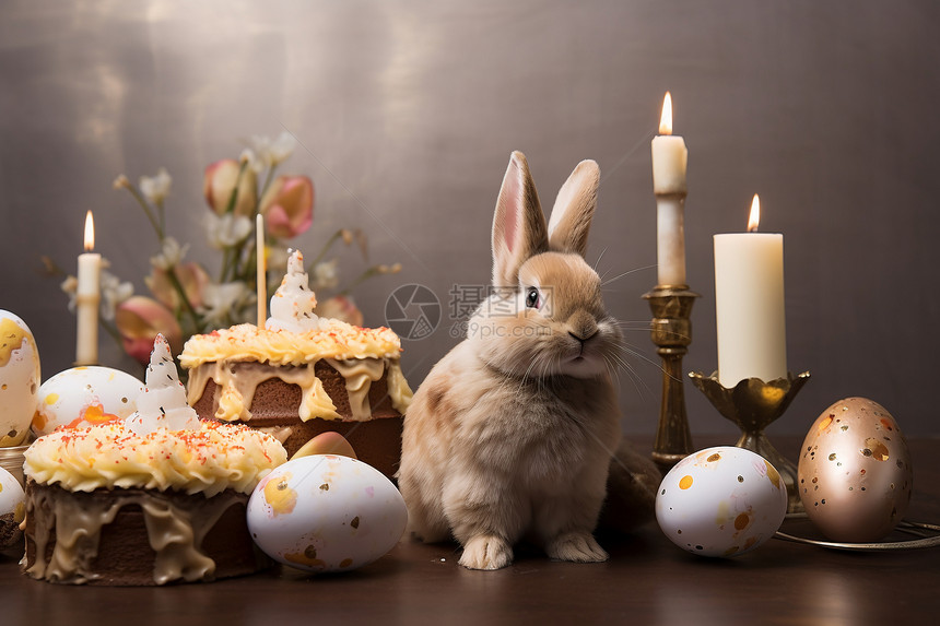 桌子上的兔子和蛋糕图片