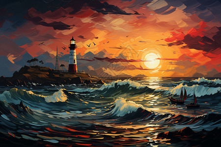 码头和小灯塔夕阳下的灯塔插画