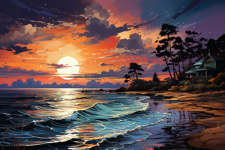 码头日落夕阳洒落海面插画