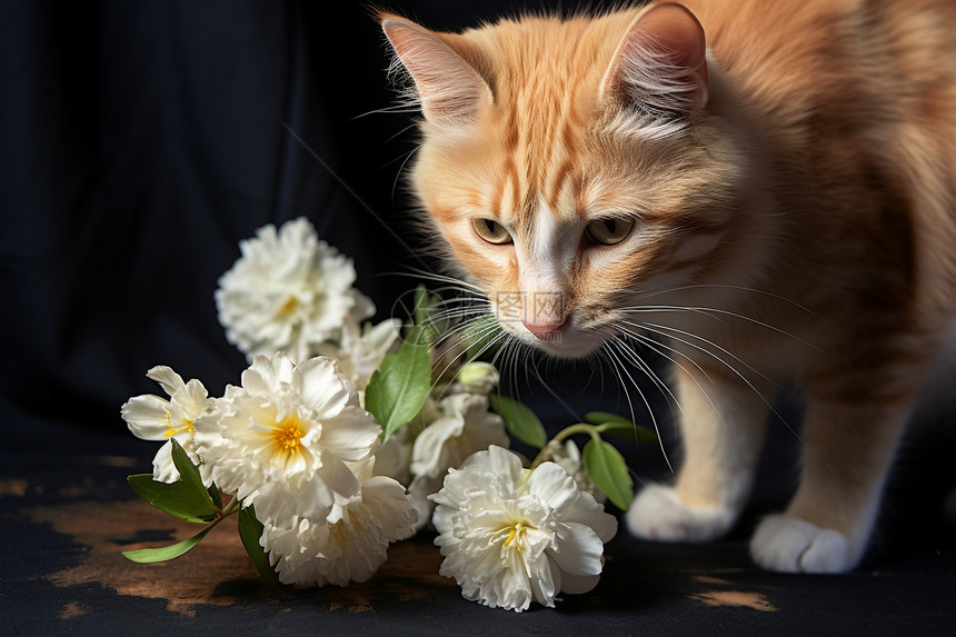 小猫闻花香图片