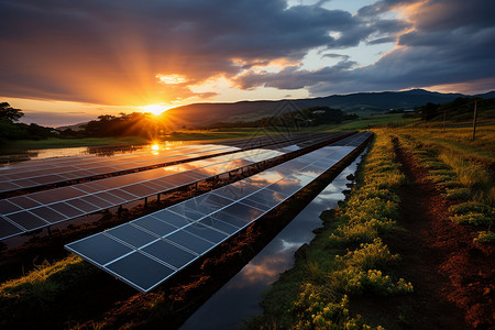 夕阳下的太阳能电站图片
