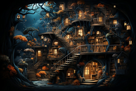 木质楼梯树林里的房子插画