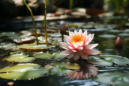 清澈湖水中漂浮一朵粉色莲花周围是白色睡莲和睡莲叶高清图片