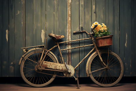 黄色木门破旧自行车篮子里的鲜花背景