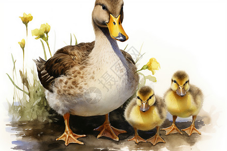 草鸭池塘边的鸭子插画