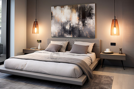 灰色现代风格的卧室高清图片