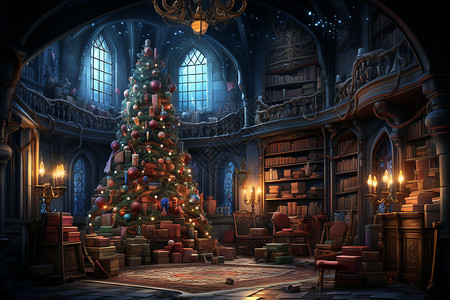 图书馆里的圣诞树背景图片