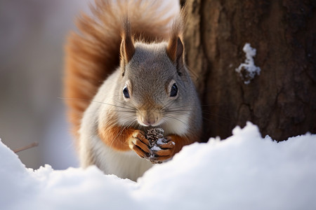 积雪上吃松果的松鼠图片