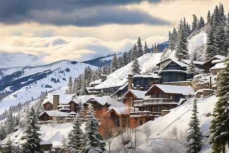 雪山中的度假村图片